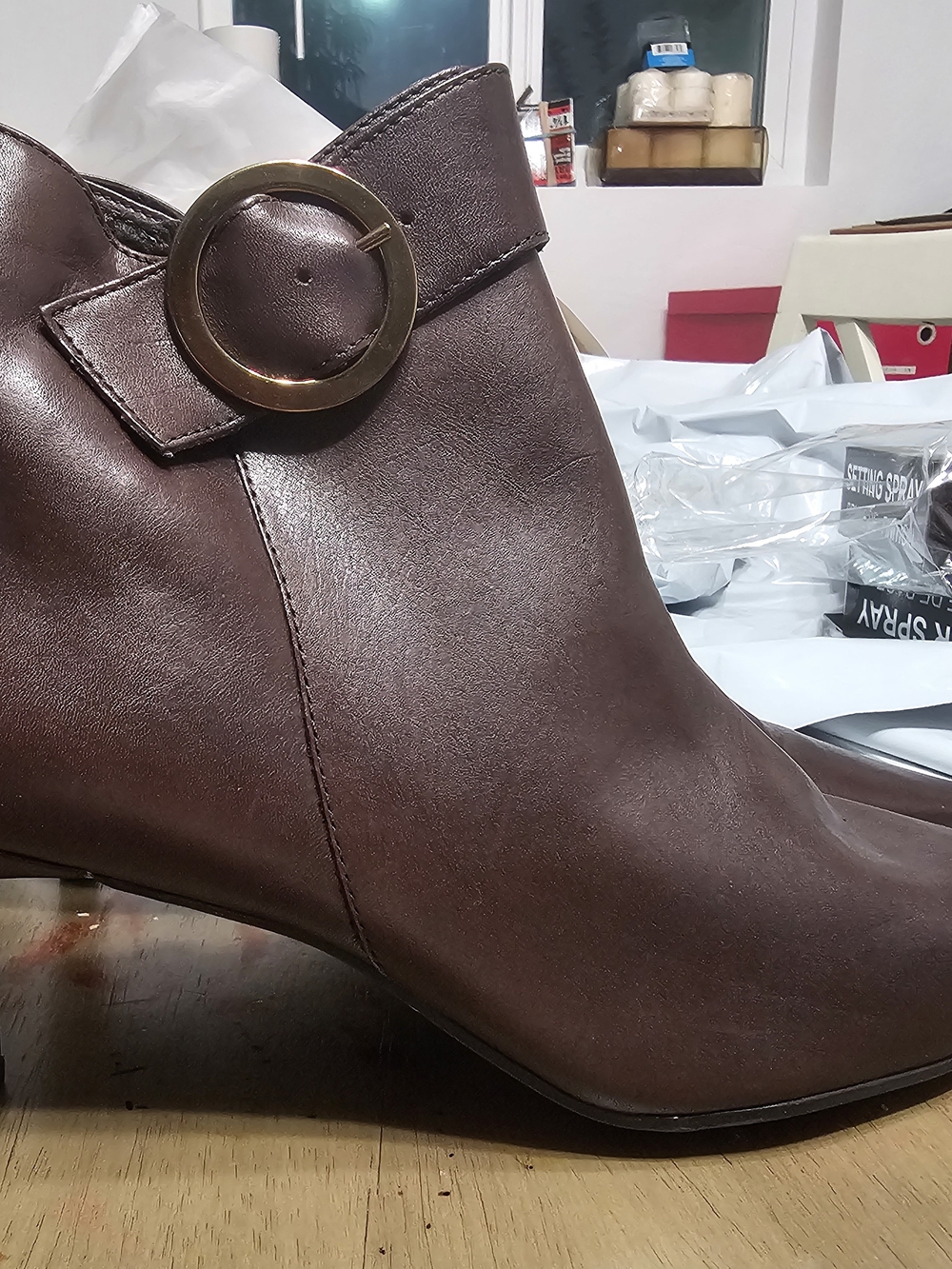 Willi Smith Brown Leather-Look Ankle Boot with Gold Ring Buckle